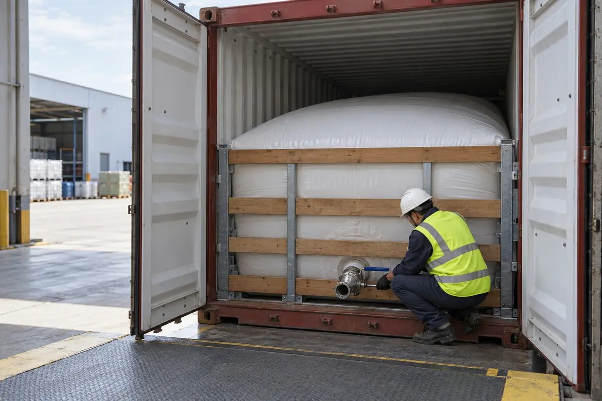 Flexitanque de grado alimenticio dentro de un contenedor de 20 pies