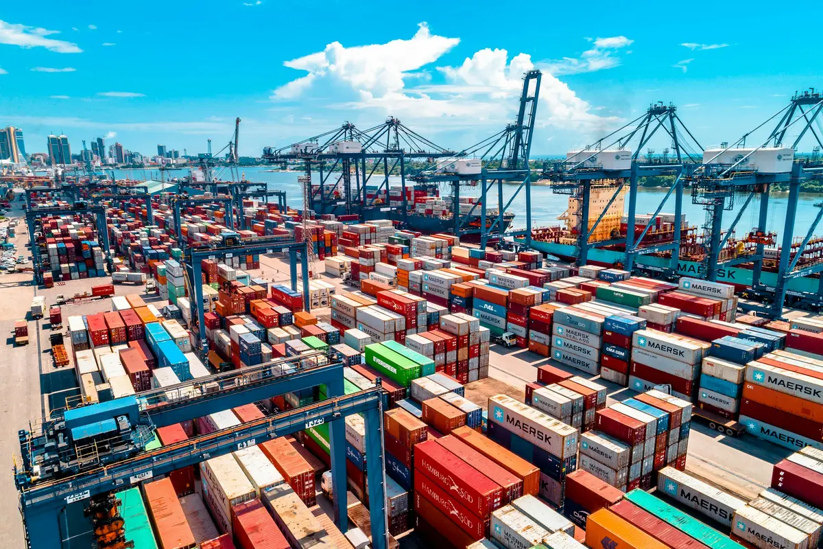 Vista aérea de una terminal de contenedores con grúas pórtico